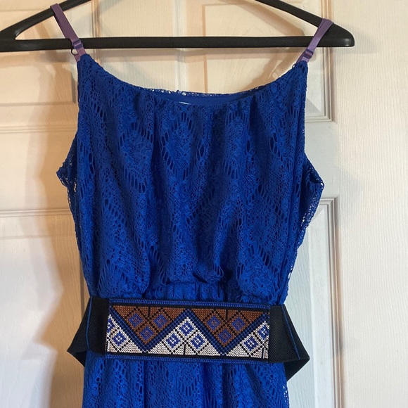 Beautiful long blue lace dress with under slip sheer lace bottom - Picture 5 of 15